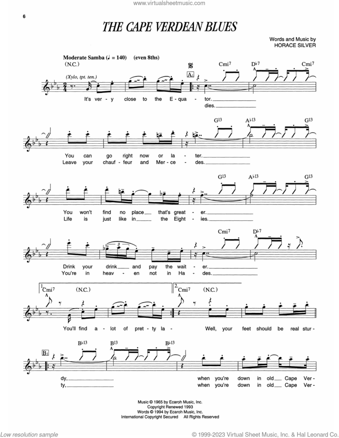 The Cape Verdean Blues sheet music for piano solo (transcription) by Horace Silver, intermediate piano (transcription)