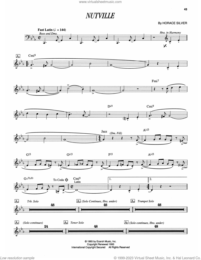 Nutville sheet music for piano solo (transcription) by Horace Silver, intermediate piano (transcription)