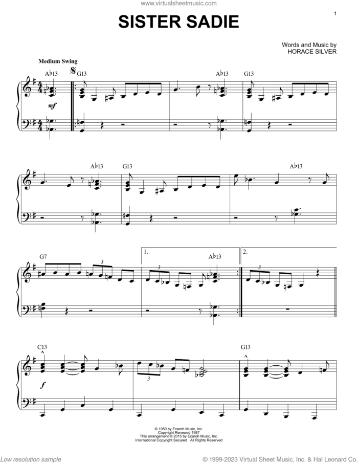 Sister Sadie (arr. Brent Edstrom) sheet music for piano solo by Horace Silver and Brent Edstrom, intermediate skill level