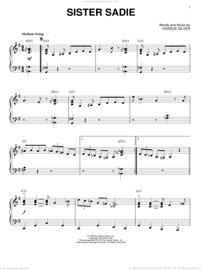 Sister Sadie (arr. Brent Edstrom) sheet music for piano solo by Horace Silver and Brent Edstrom, intermediate skill level