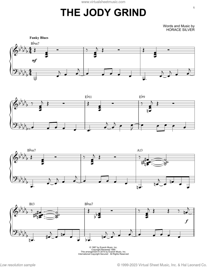 The Jody Grind (arr. Brent Edstrom) sheet music for piano solo by Horace Silver and Brent Edstrom, intermediate skill level