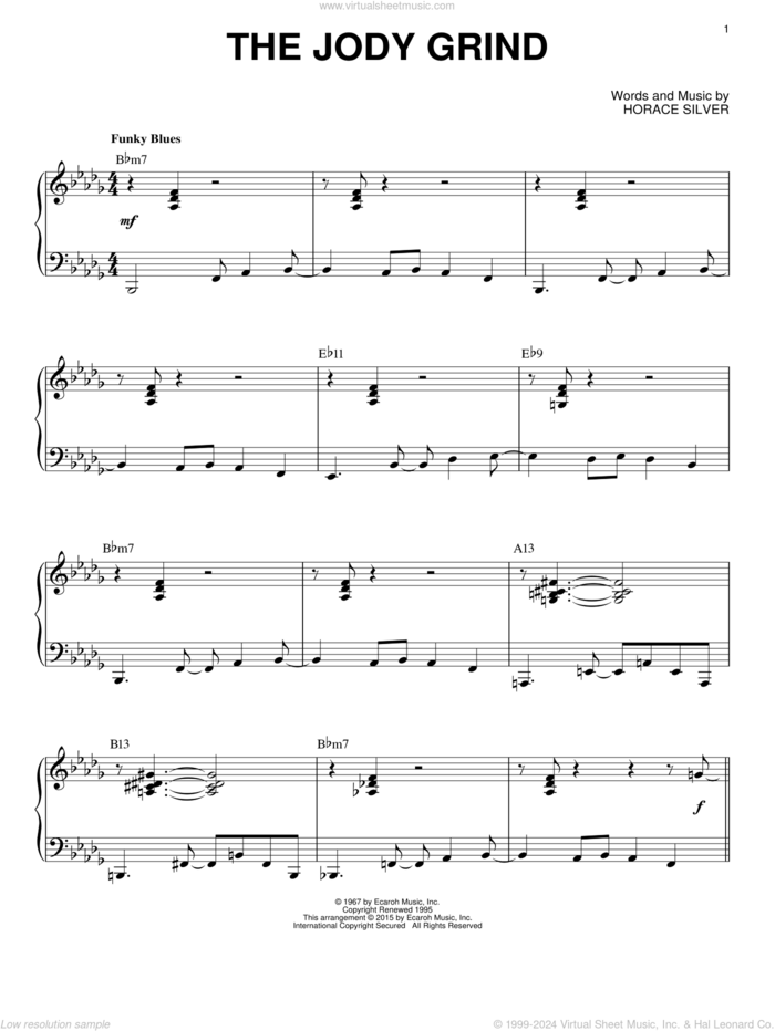 The Jody Grind (arr. Brent Edstrom) sheet music for piano solo by Horace Silver and Brent Edstrom, intermediate skill level