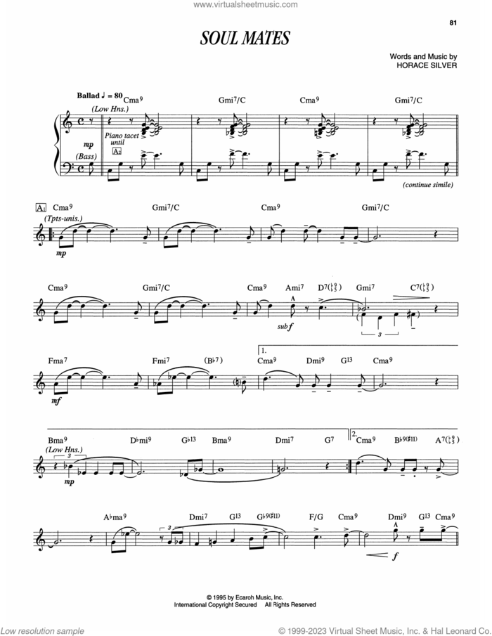 Soul Mates sheet music for piano solo (transcription) by Horace Silver, intermediate piano (transcription)