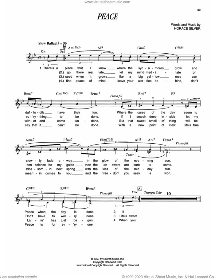 Peace sheet music for piano solo (transcription) by Horace Silver, intermediate piano (transcription)