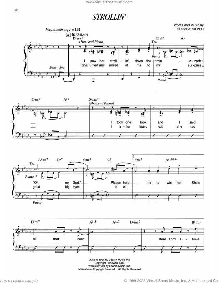 Strollin' sheet music for piano solo (transcription) by Horace Silver, intermediate piano (transcription)