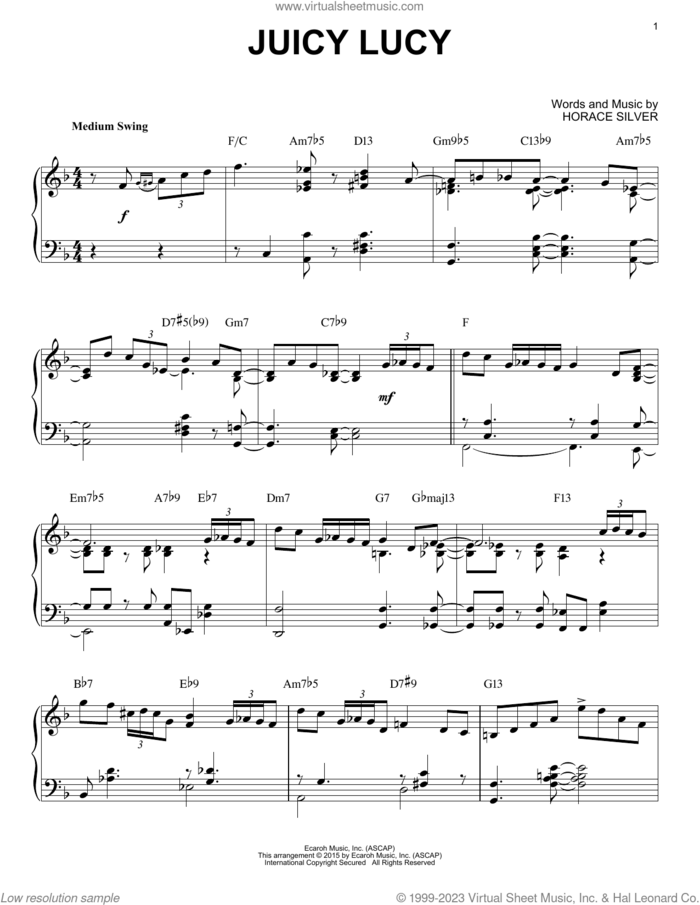 Juicy Lucy (arr. Brent Edstrom) sheet music for piano solo by Horace Silver and Brent Edstrom, intermediate skill level
