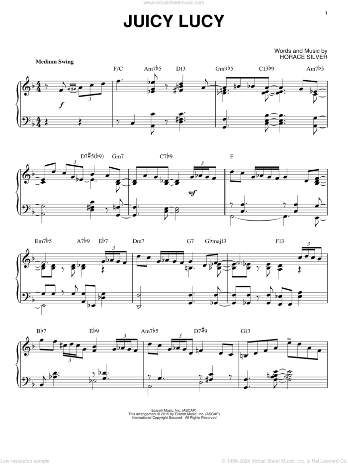 Juicy Lucy (arr. Brent Edstrom) sheet music for piano solo by Horace Silver and Brent Edstrom, intermediate skill level