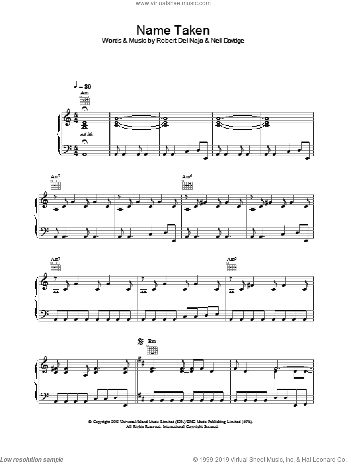Name Taken sheet music for voice, piano or guitar by Massive Attack, intermediate skill level