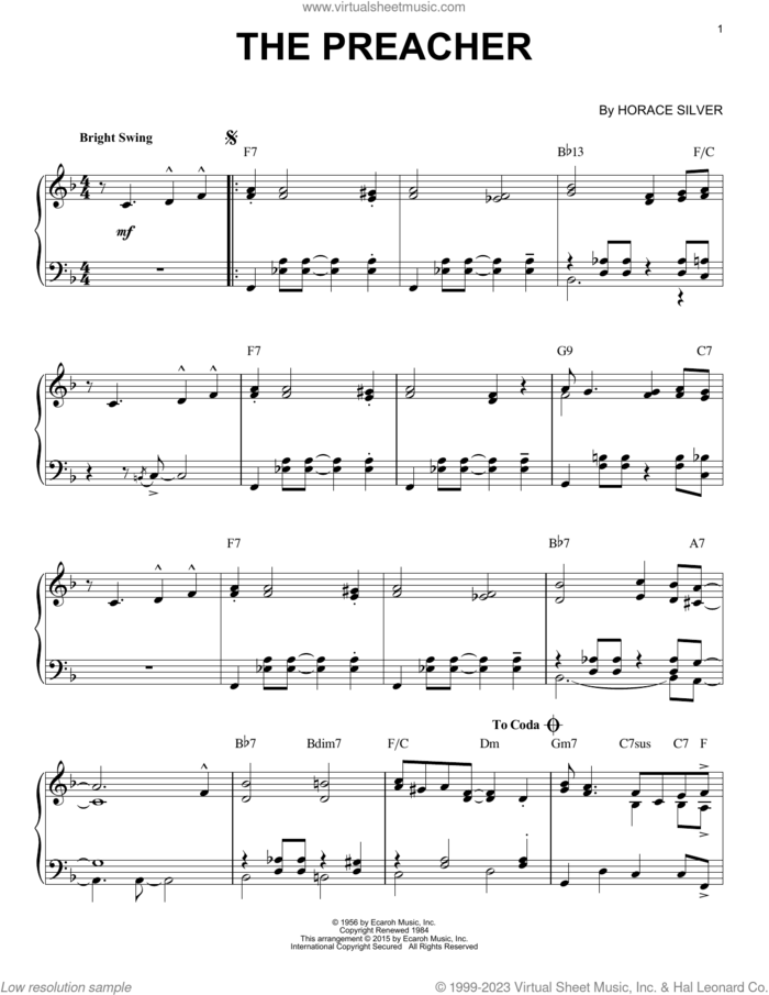 The Preacher (arr. Brent Edstrom) sheet music for piano solo by Horace Silver and Brent Edstrom, intermediate skill level