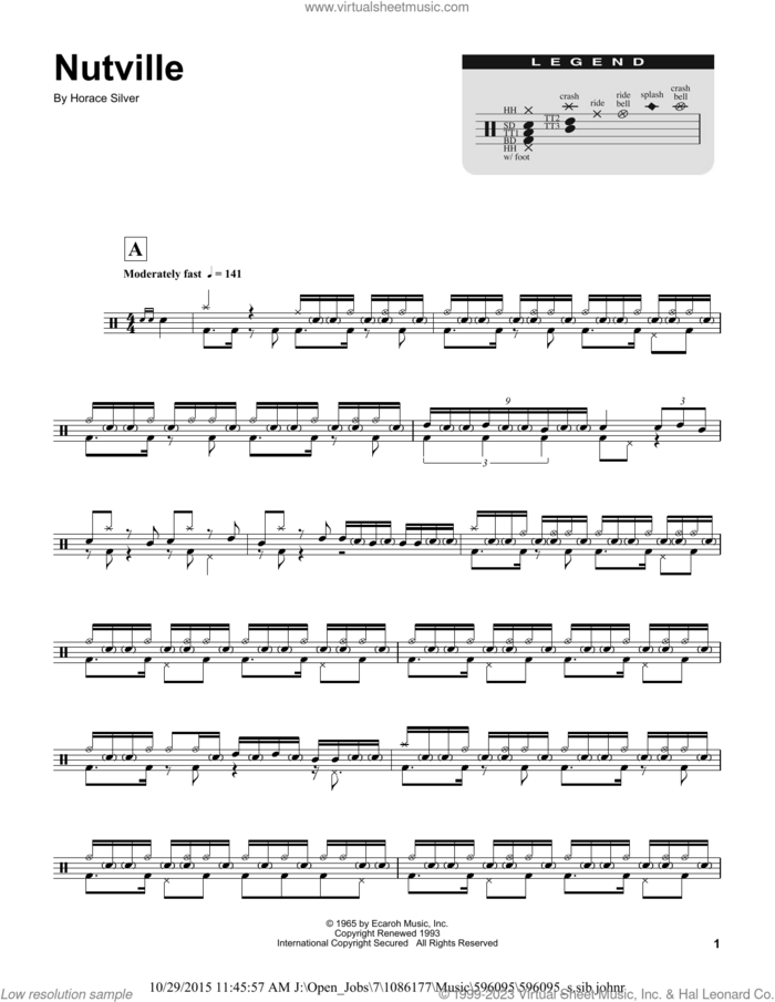 Nutville sheet music for drums by Buddy Rich and Horace Silver, intermediate skill level