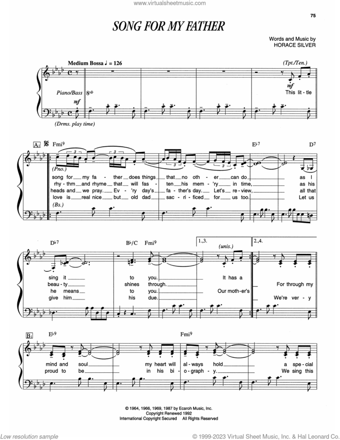 Song For My Father sheet music for piano solo (transcription) by Horace Silver, intermediate piano (transcription)