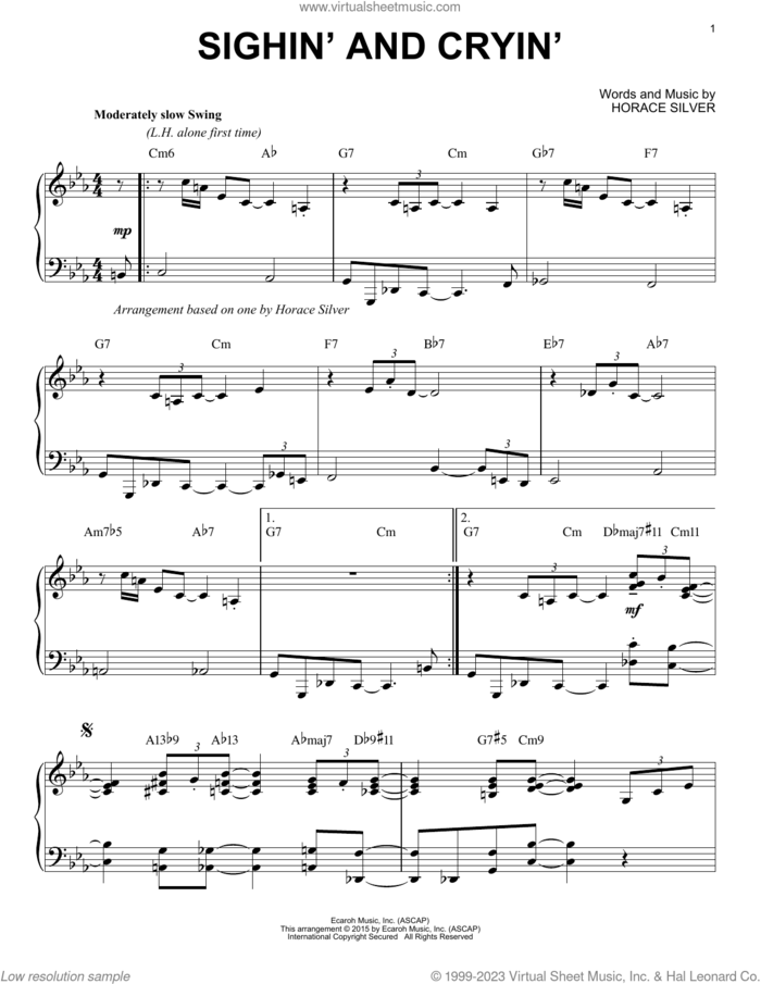 Sighin' And Cryin' (arr. Brent Edstrom) sheet music for piano solo by Horace Silver and Brent Edstrom, intermediate skill level