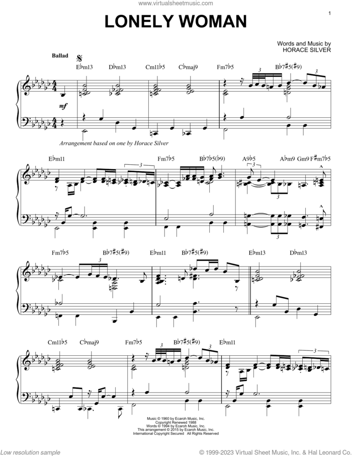 Lonely Woman (arr. Brent Edstrom) sheet music for piano solo by Horace Silver and Brent Edstrom, intermediate skill level