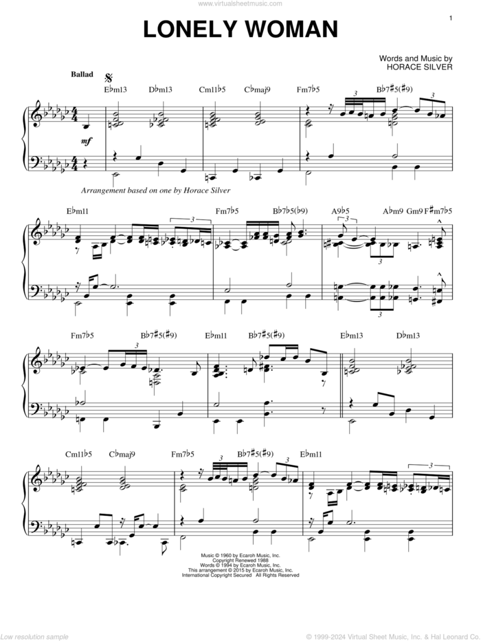 Lonely Woman (arr. Brent Edstrom) sheet music for piano solo by Horace Silver and Brent Edstrom, intermediate skill level