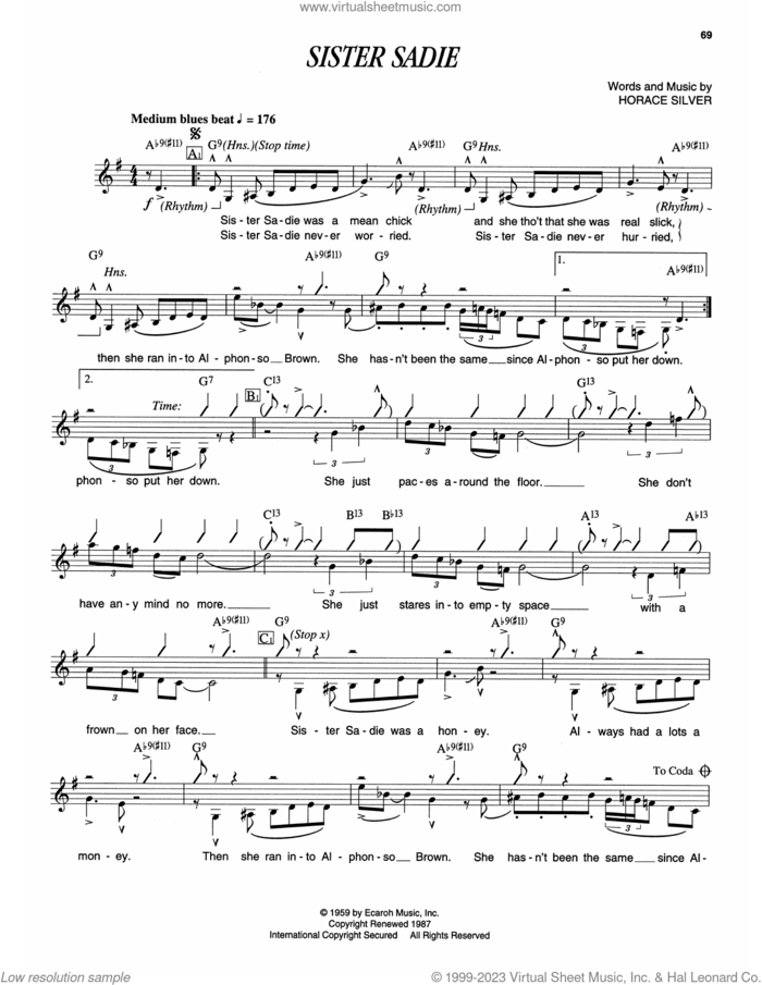 Sister Sadie sheet music for piano solo (transcription) by Horace Silver, intermediate piano (transcription)