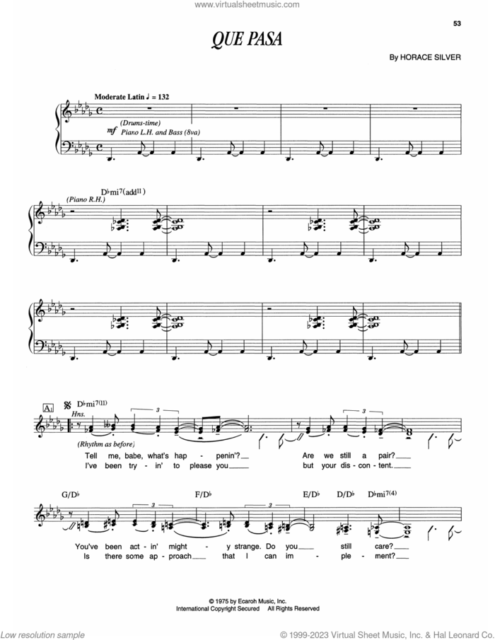 Que Pasa sheet music for piano solo (transcription) by Horace Silver, intermediate piano (transcription)