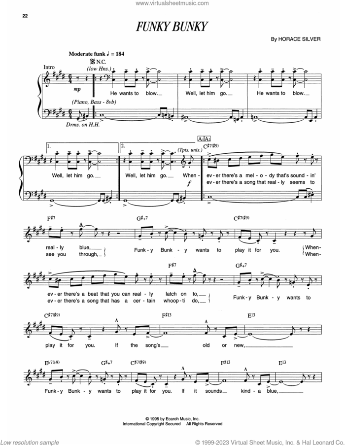 Funky Bunky sheet music for piano solo (transcription) by Horace Silver, intermediate piano (transcription)