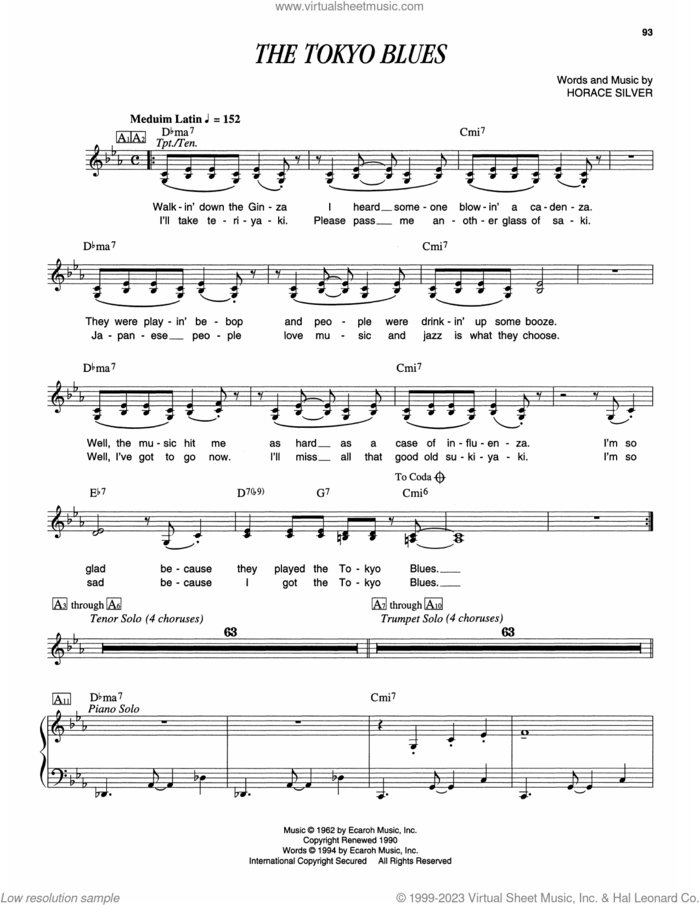 The Tokyo Blues sheet music for piano solo (transcription) by Horace Silver, intermediate piano (transcription)