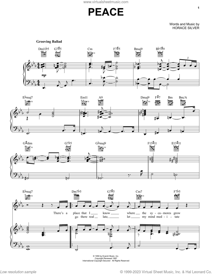 Peace sheet music for voice, piano or guitar by Norah Jones and Horace Silver, intermediate skill level