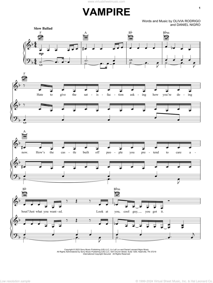 vampire sheet music for voice, piano or guitar by Olivia Rodrigo and Daniel Nigro, intermediate skill level
