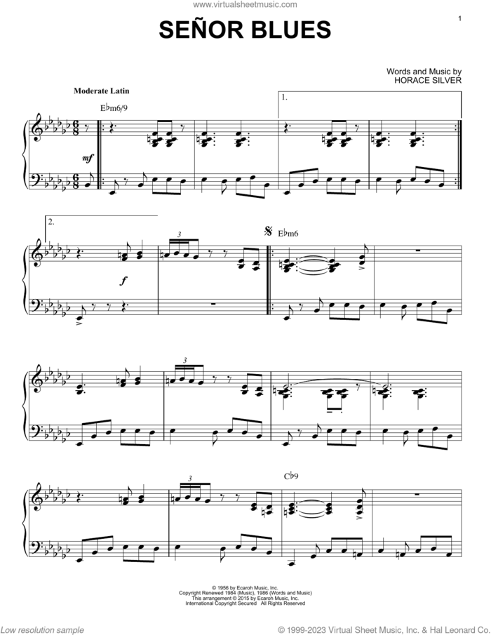 Senor Blues (arr. Brent Edstrom) sheet music for piano solo by Horace Silver and Brent Edstrom, intermediate skill level