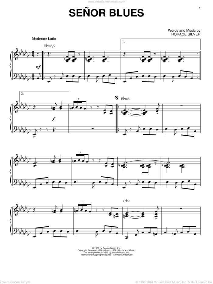 Senor Blues (arr. Brent Edstrom) sheet music for piano solo by Horace Silver and Brent Edstrom, intermediate skill level