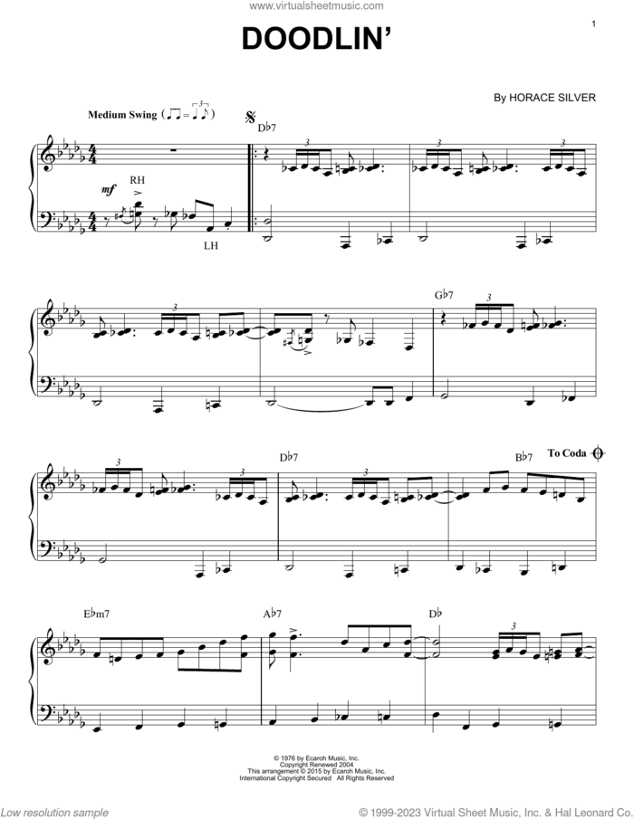 Doodlin' (arr. Brent Edstrom) sheet music for piano solo by Horace Silver and Brent Edstrom, intermediate skill level