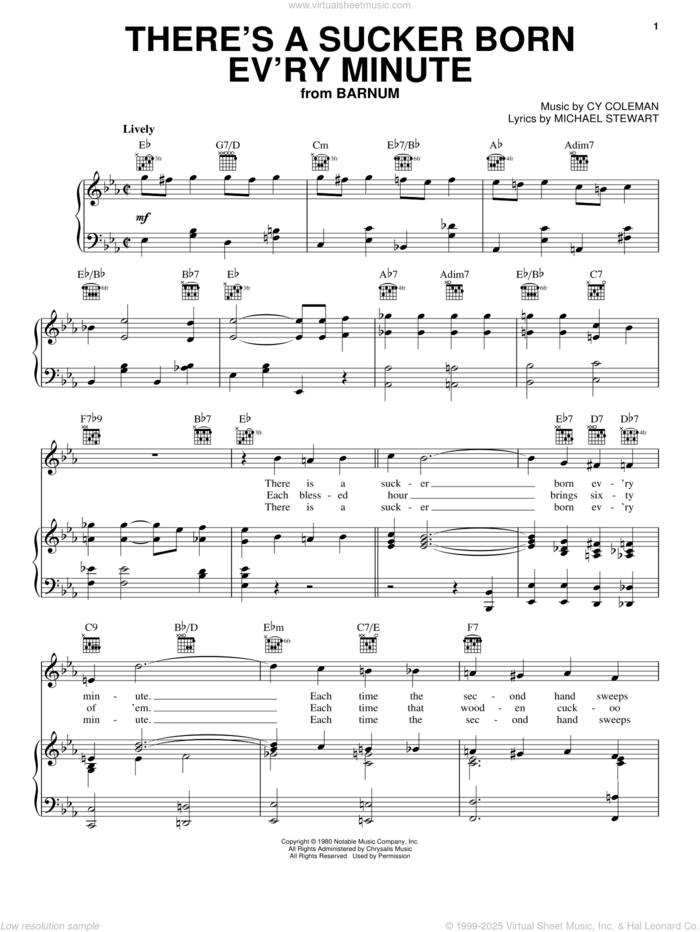 There's A Sucker Born Ev'ry Minute sheet music for voice, piano or guitar by Cy Coleman and Michael Stewart, intermediate skill level