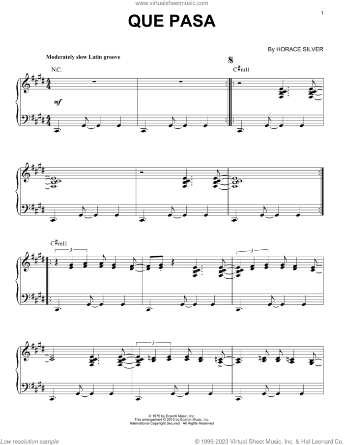 Que Pasa (arr. Brent Edstrom) sheet music for piano solo by Horace Silver and Brent Edstrom, intermediate skill level