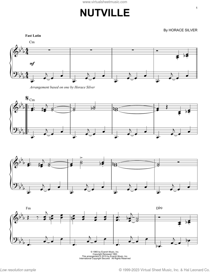 Nutville (arr. Brent Edstrom) sheet music for piano solo by Horace Silver and Brent Edstrom, intermediate skill level
