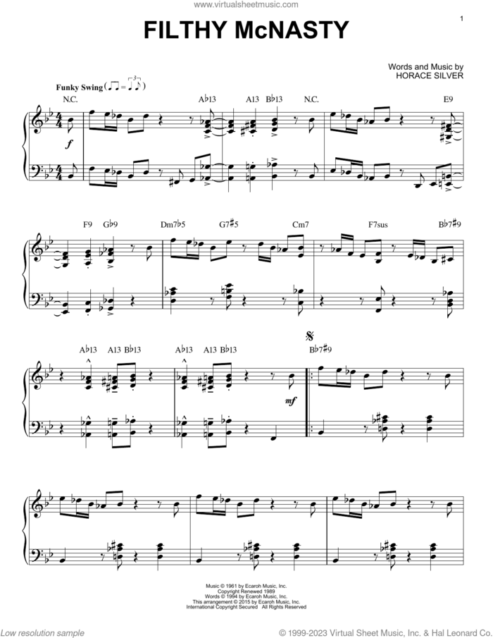 Filthy McNasty (arr. Brent Edstrom) sheet music for piano solo by Horace Silver and Brent Edstrom, intermediate skill level