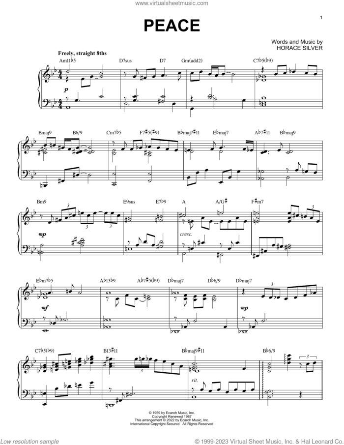 Peace sheet music for piano solo by Horace Silver, intermediate skill level