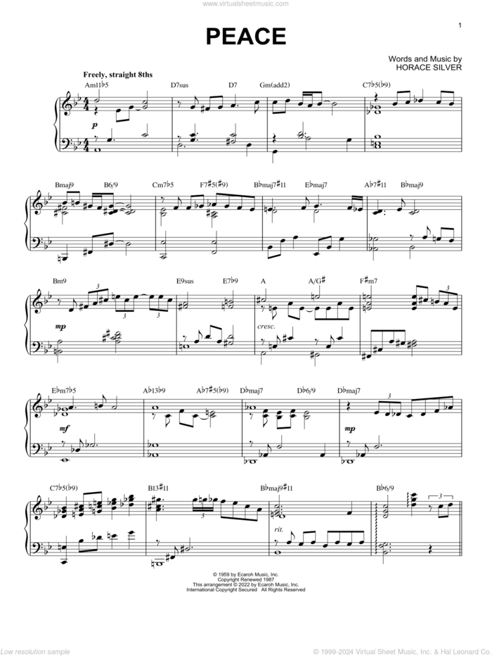 Peace sheet music for piano solo by Horace Silver, intermediate skill level