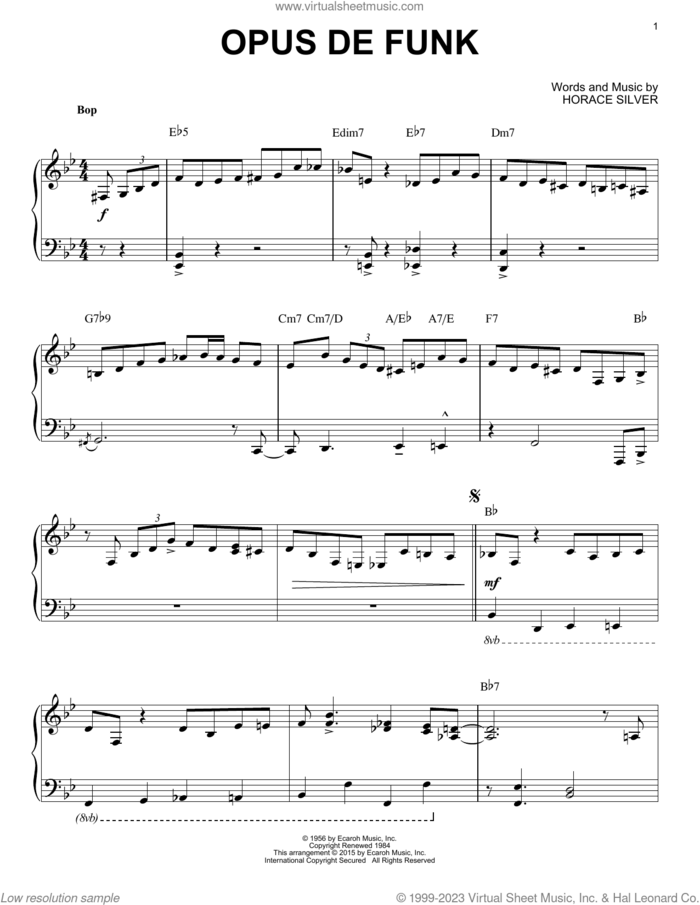Opus De Funk (arr. Brent Edstrom) sheet music for piano solo by Art Pepper, Brent Edstrom and Horace Silver, intermediate skill level