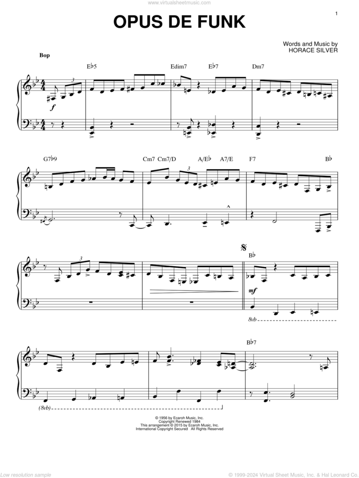 Opus De Funk (arr. Brent Edstrom) sheet music for piano solo by Art Pepper, Brent Edstrom and Horace Silver, intermediate skill level