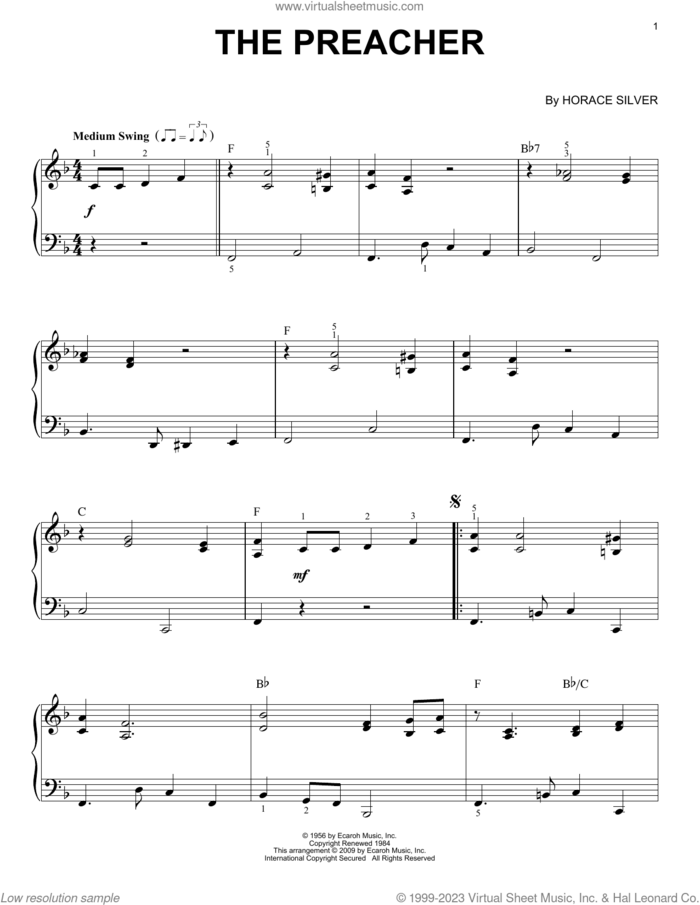 The Preacher (arr. Brent Edstrom) sheet music for piano solo by Horace Silver and Brent Edstrom, intermediate skill level