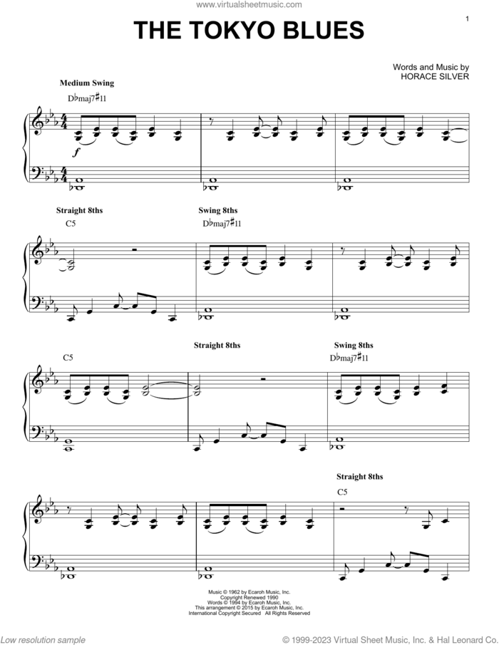 The Tokyo Blues (arr. Brent Edstrom) sheet music for piano solo by Horace Silver and Brent Edstrom, intermediate skill level