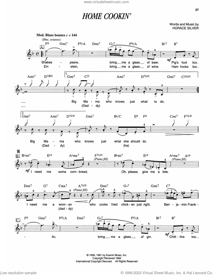 Home Cookin' sheet music for piano solo (transcription) by Horace Silver, intermediate piano (transcription)