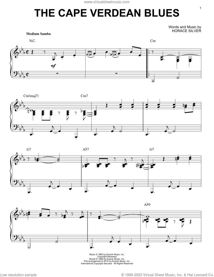 The Cape Verdean Blues (arr. Brent Edstrom) sheet music for piano solo by Horace Silver and Brent Edstrom, intermediate skill level