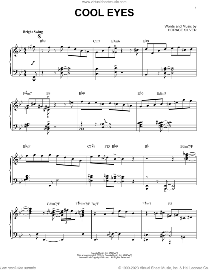 Cool Eyes (arr. Brent Edstrom) sheet music for piano solo by Horace Silver and Brent Edstrom, intermediate skill level