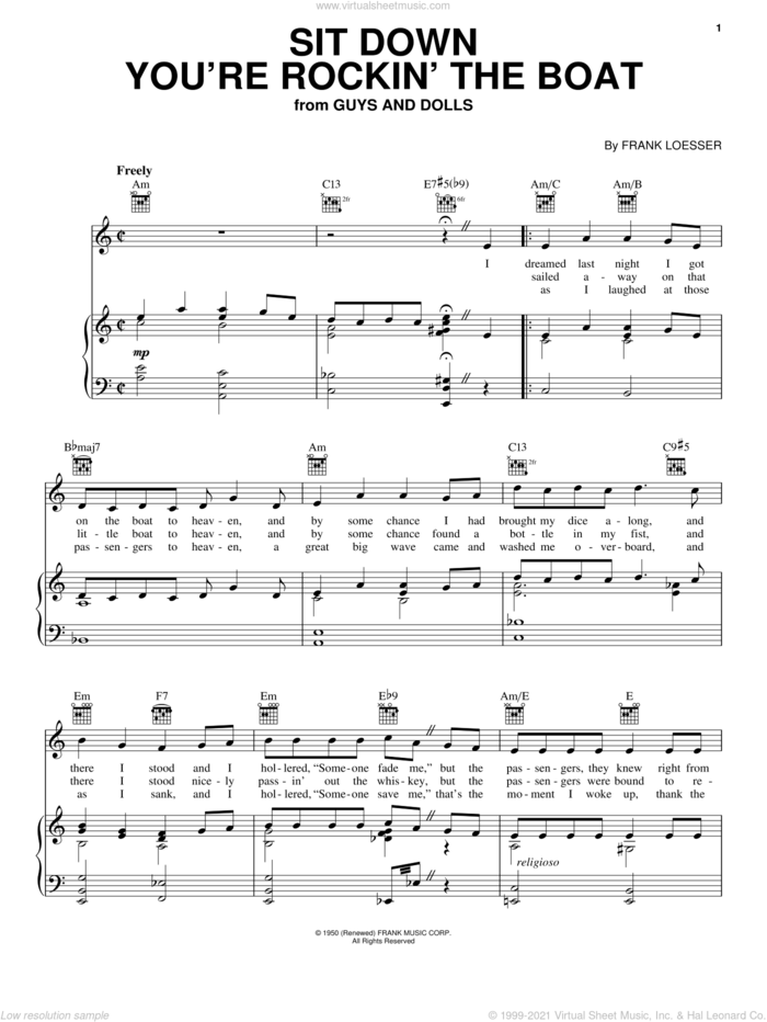Sit Down You're Rockin' The Boat sheet music for voice, piano or guitar by Frank Loesser and Guys And Dolls (Musical), intermediate skill level