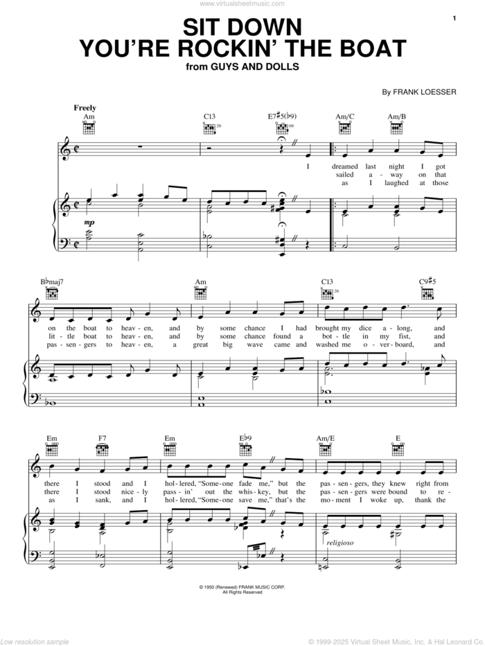 Sit Down You're Rockin' The Boat sheet music for voice, piano or guitar by Frank Loesser and Guys And Dolls (Musical), intermediate skill level