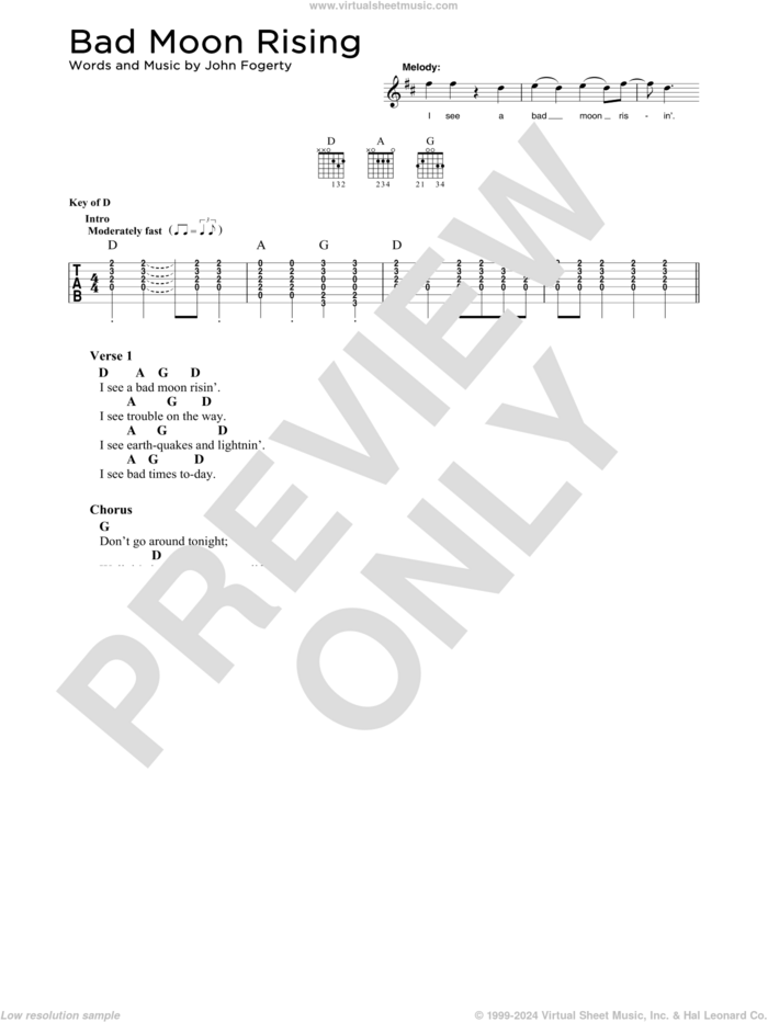 Bad Moon Rising sheet music for guitar solo by Creedence Clearwater Revival and John Fogerty, intermediate skill level