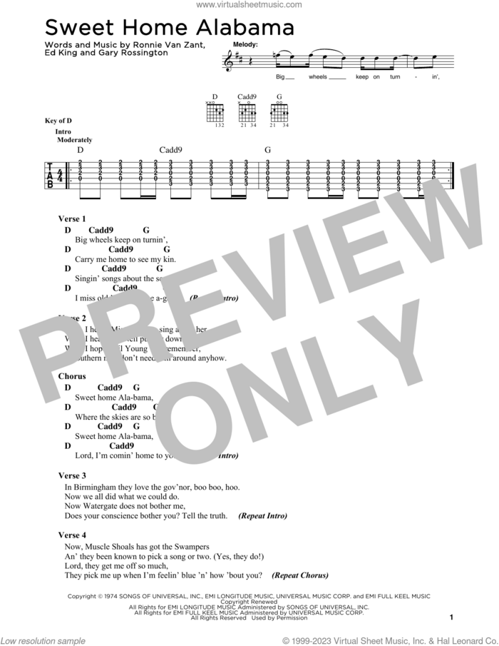 Sweet Home Alabama sheet music for guitar solo by Lynyrd Skynyrd, Edward King, Gary Rossington and Ronnie Van Zant, intermediate skill level