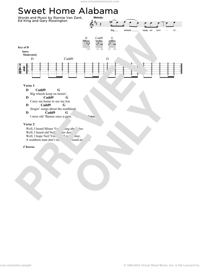 Sweet Home Alabama sheet music for guitar solo by Lynyrd Skynyrd, Edward King, Gary Rossington and Ronnie Van Zant, intermediate skill level