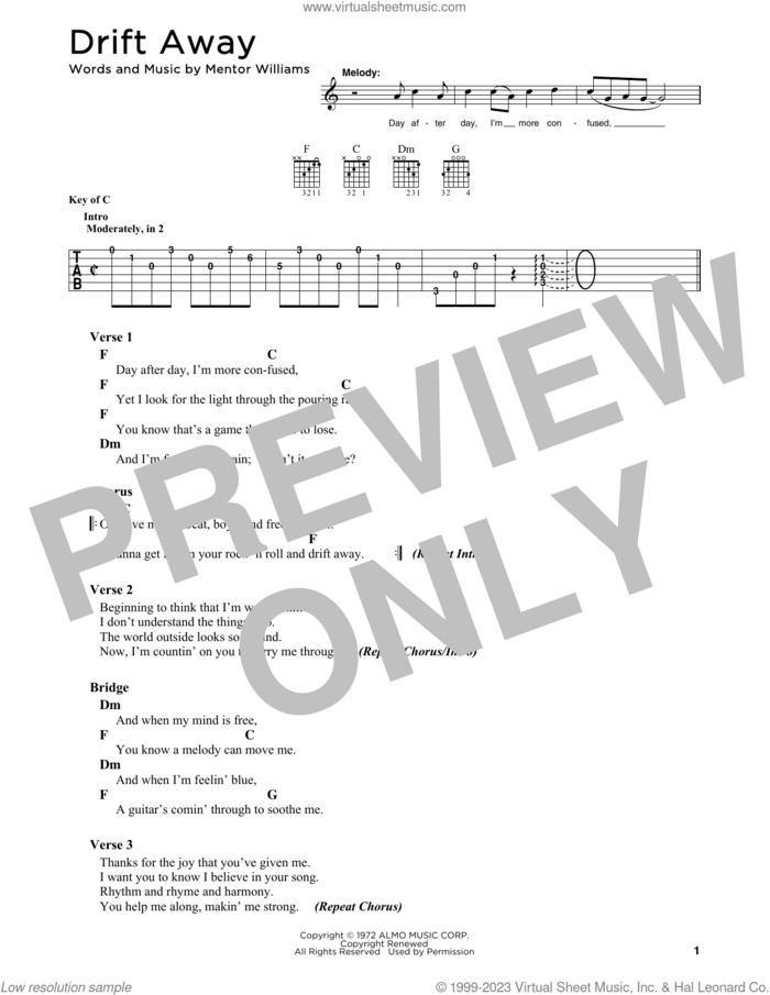 Drift Away sheet music for guitar solo by Dobie Gray, Uncle Kracker featuring Dobie Gray and Mentor Williams, intermediate skill level