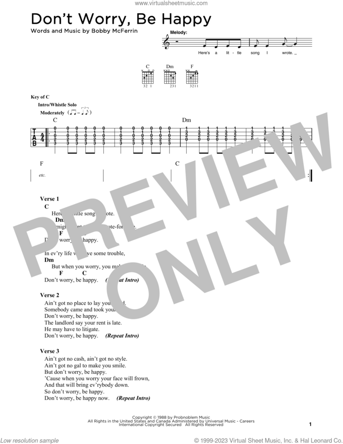 Don't Worry, Be Happy sheet music for guitar solo by Bobby McFerrin, intermediate skill level