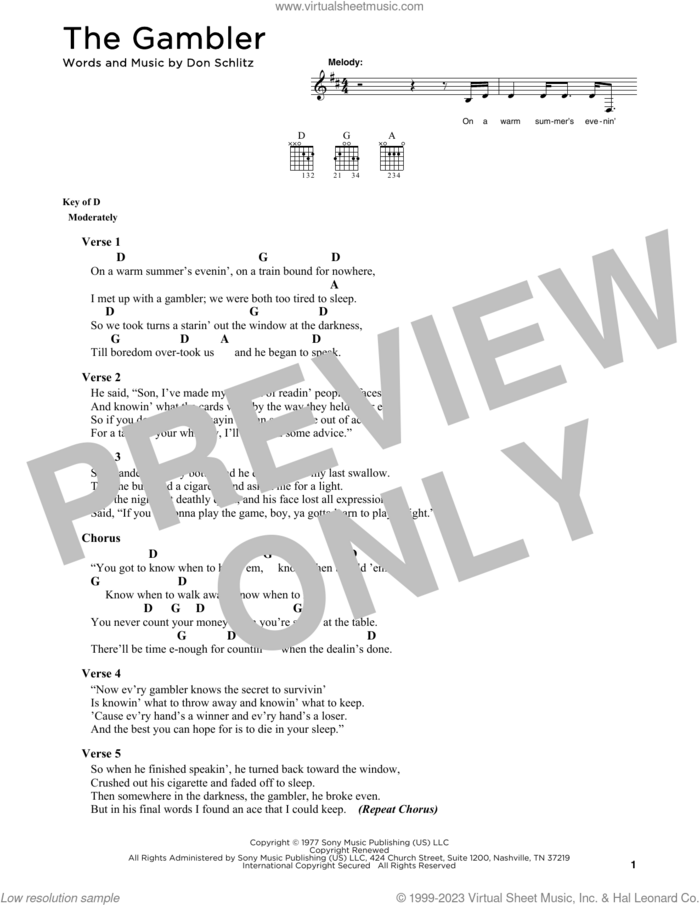 The Gambler sheet music for guitar (chords) by Kenny Rogers and Don Schlitz, intermediate skill level