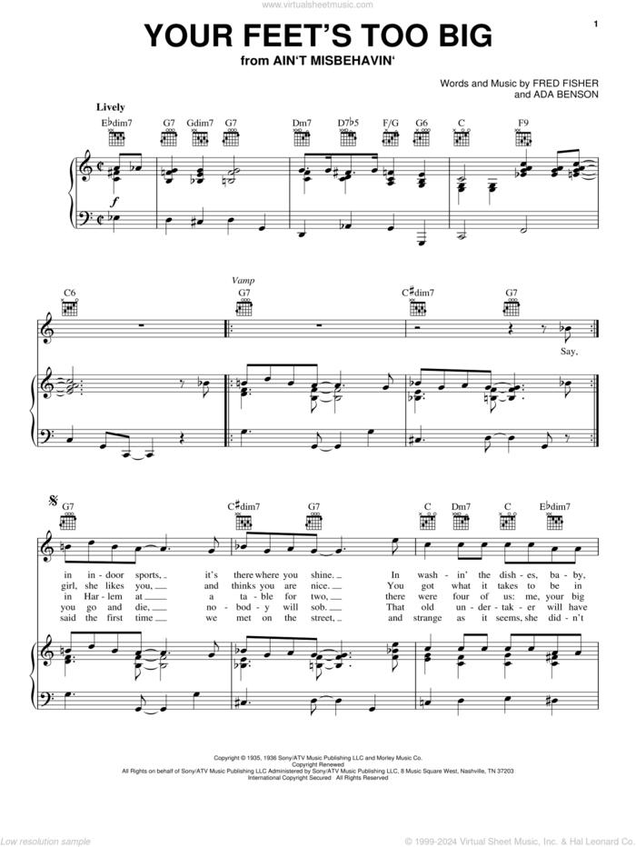 Your Feet's Too Big sheet music for voice, piano or guitar by Fred Fisher and Ada Benson, intermediate skill level