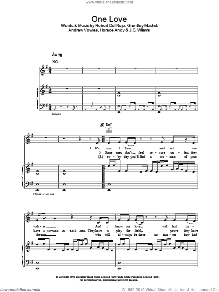 One Love sheet music for voice, piano or guitar by Massive Attack, intermediate skill level